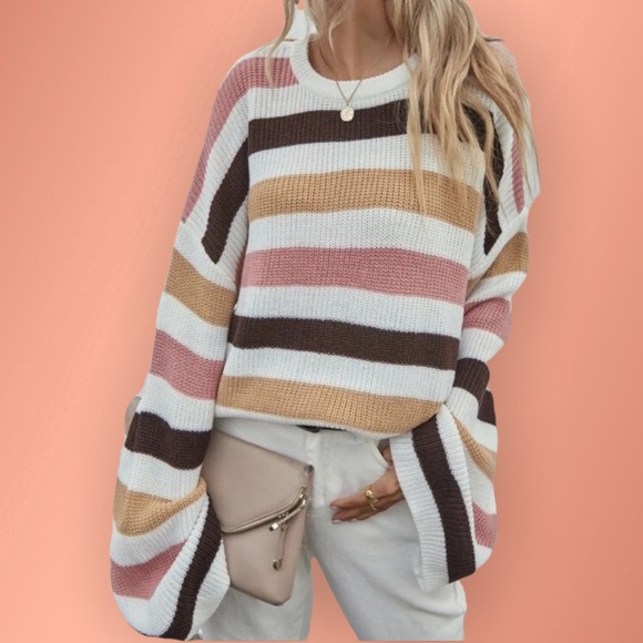 SHEIN Sweaters - Belled Sleeve Oversized Striped Knit Sweater